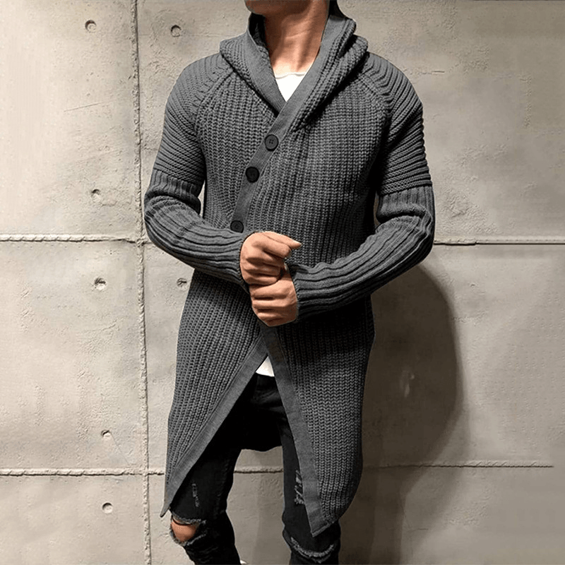 Sweater Cardigan Solid Color Hooded Long Knit Jacket - MRSLM