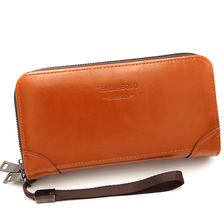 Men Faux Leather Business Double Zipper Long Wallet Clutch Bag - MRSLM