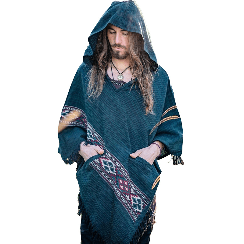 Hooded Cloak Shawl Ethnic Style Hedging Fringed Big Shawl Male - MRSLM