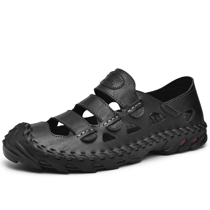 Men Cowhide Breathable Hollow Out Hand Stitching Soft Bottom Slip on Casual Outdoor Sandals - MRSLM