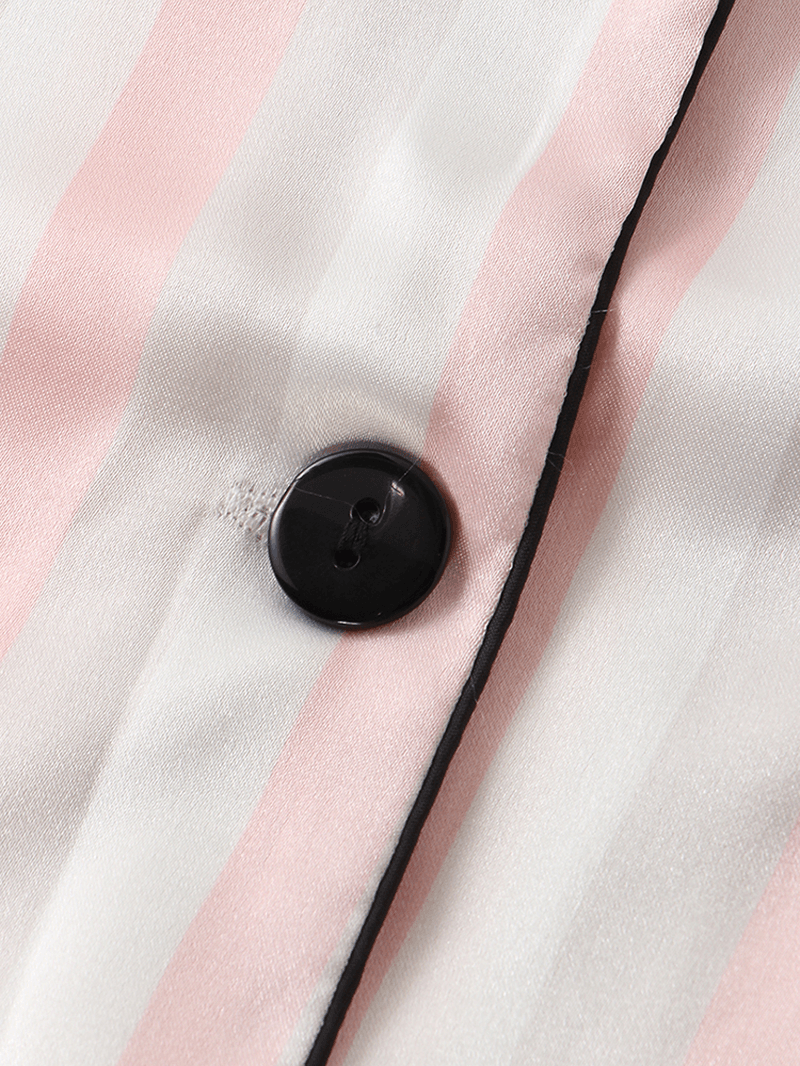 Women Colorful Striped Button up Revere Collar Pocket Home Ice Silk Pajama Set - MRSLM