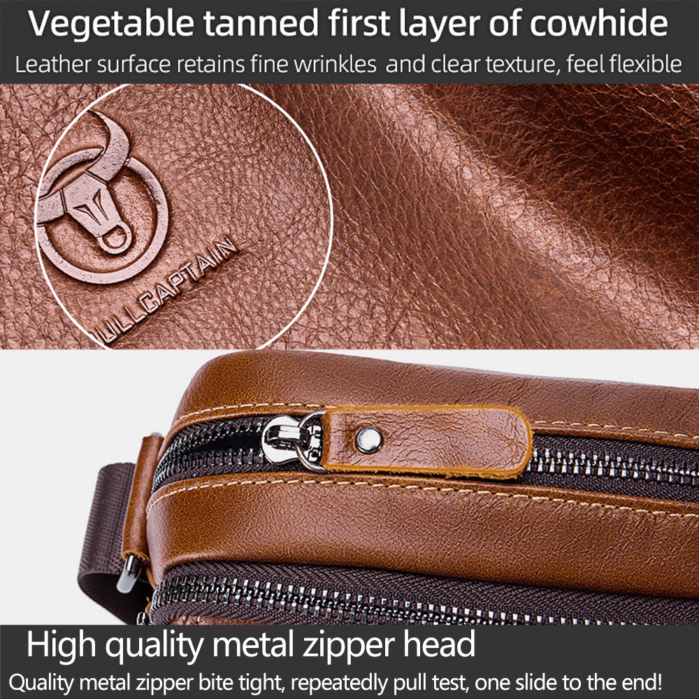 BULLCAPTAIN Men First Layer Cowhide Multi-Pocket Crossbody Bag Retro Large Capacity Back Anti-Theft Pocket Shoulder Bag - MRSLM