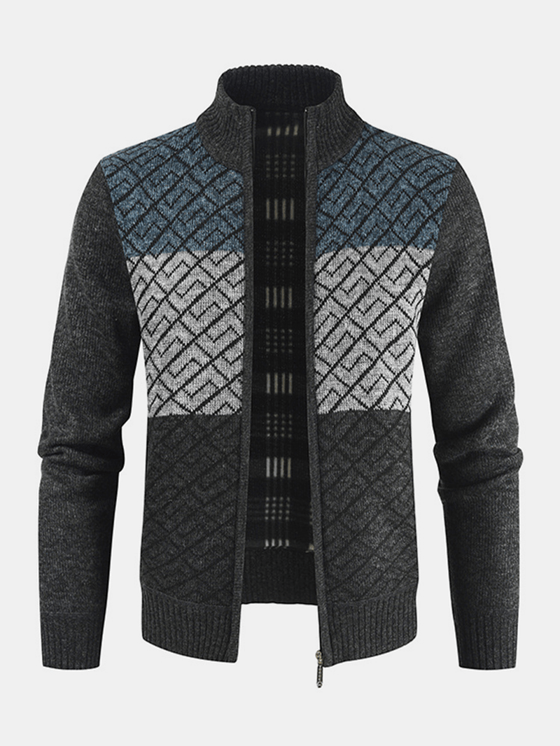 Mens Knitting Graphics Zipper Colorblock Warm Long Sleeve Sweater Jacket - MRSLM