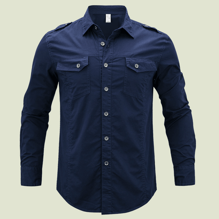 Men'S Military Long Sleeve Dress Shirt with Epaulets - MRSLM