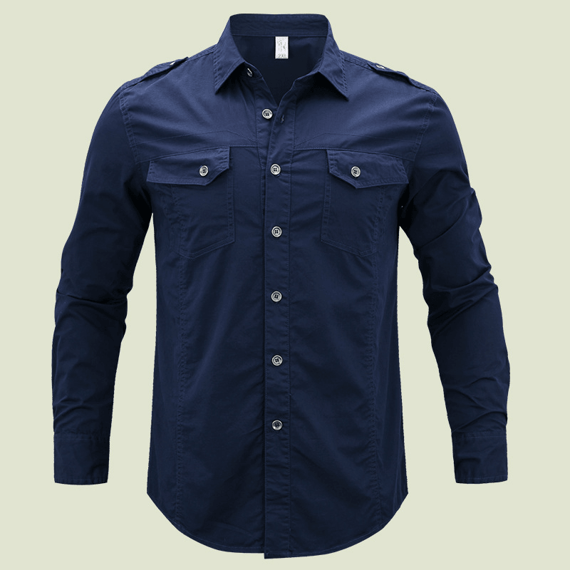 Men'S Military Long Sleeve Dress Shirt with Epaulets - MRSLM