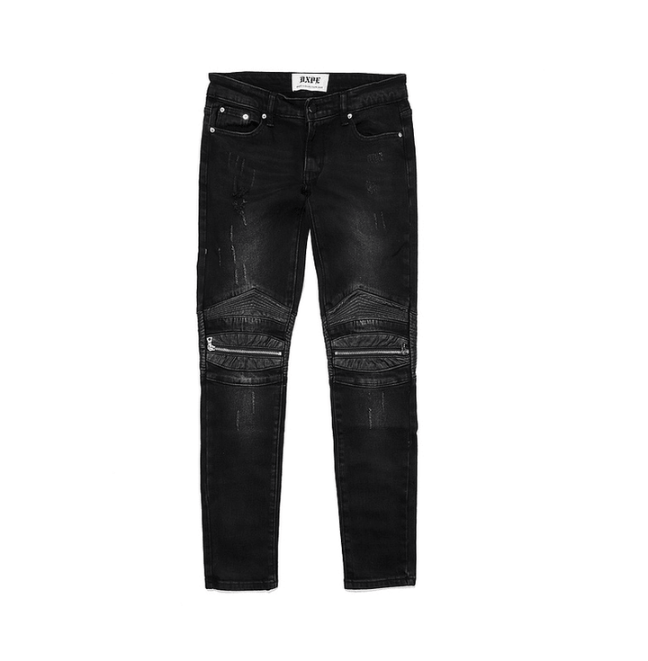 High Street Style Leather Patch Zipper Motorcycle Small Feet Slim Stretch Jeans - MRSLM