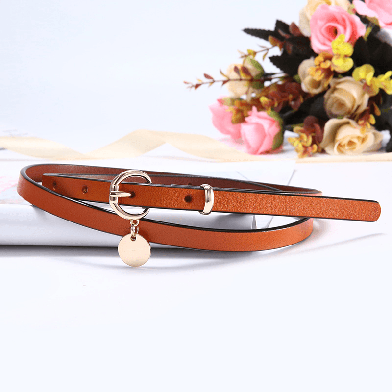 Thin Belt Retro Alloy Buckle Cowhide Decorative Dress Belt - MRSLM