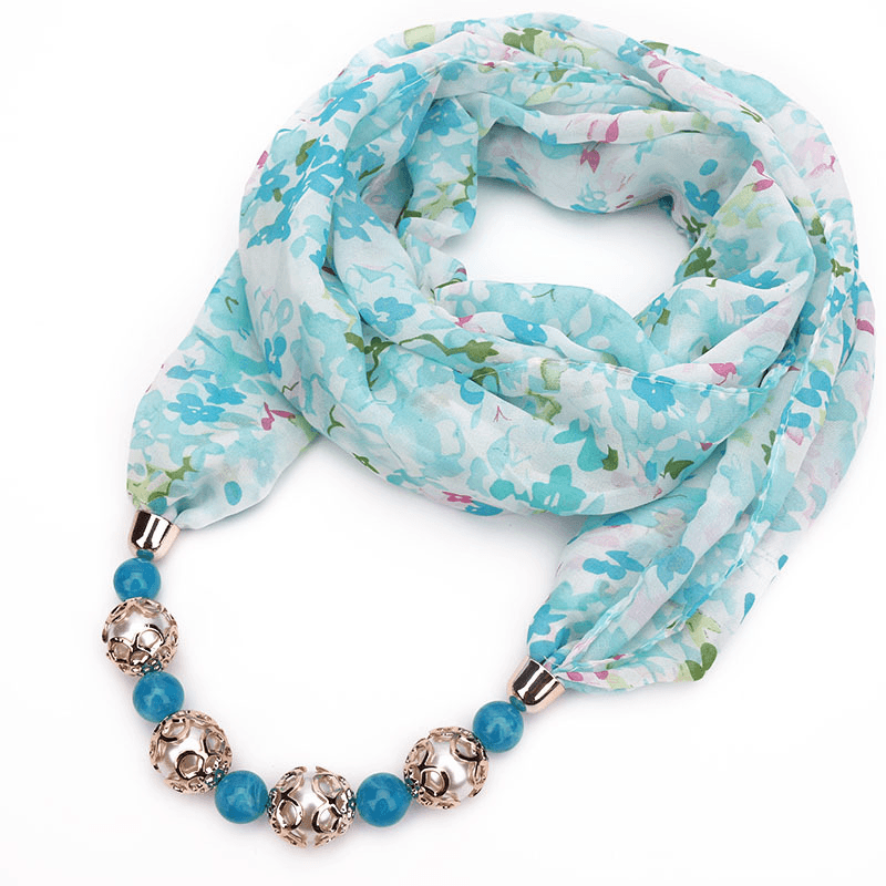 Print Alloy Pendant Scarf Beaded Pendant Scarfprinted Chiffon Necklace - MRSLM