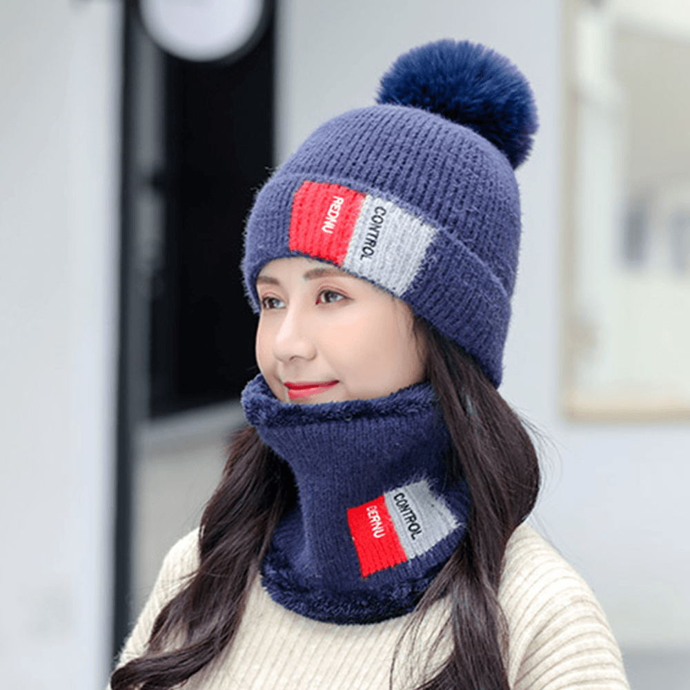 Unisex 2PCS plus Velvet Thicken Warm Windproof Neck Face Protection Riding Knitted Hat Scarf - MRSLM