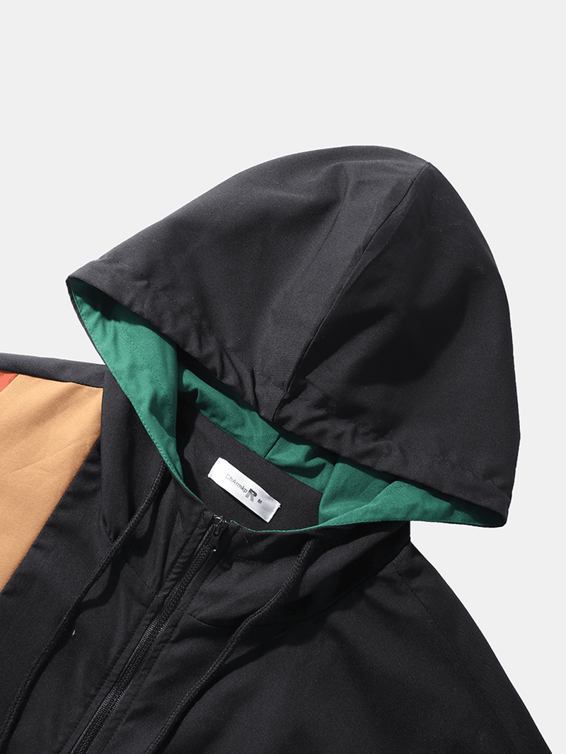 Men Patchwork Color Block Print Full Zip Pocket Hoodies Windbreaker Jackets - MRSLM