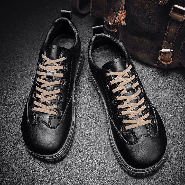 Men Genuine Leather Breathable Soft Thick Bottom Non Slip Lace up Solid Leisure Shoes - MRSLM