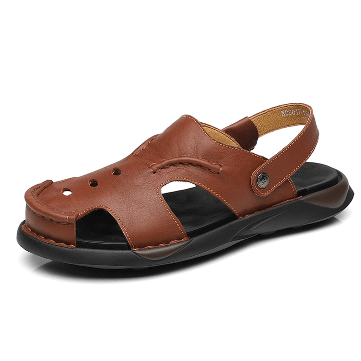 Men Cowhide Two-Ways Soft Sole Non Slip Closed Toe Slip on Casual Sandals - MRSLM