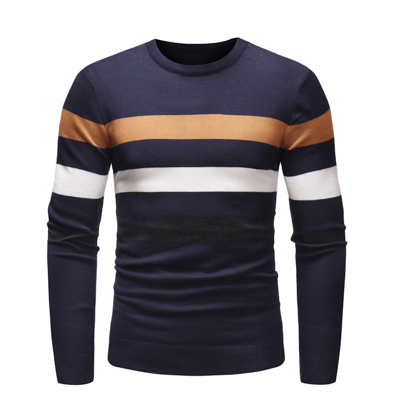 New round Neck Sweater Men'S Striped Color Blocking Slim Fit Sweater - MRSLM