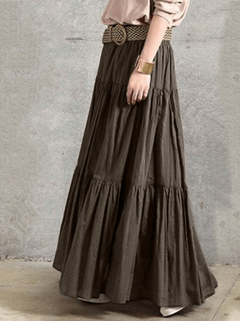 Solid Color Big Swing Elastic Waist Pleated Casual Long Skirt for Women - MRSLM