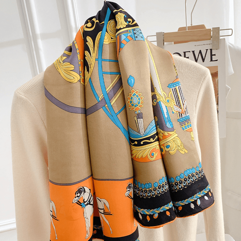 Silk Scarf Classic Orange Print Large Square Scarf Fashion - MRSLM