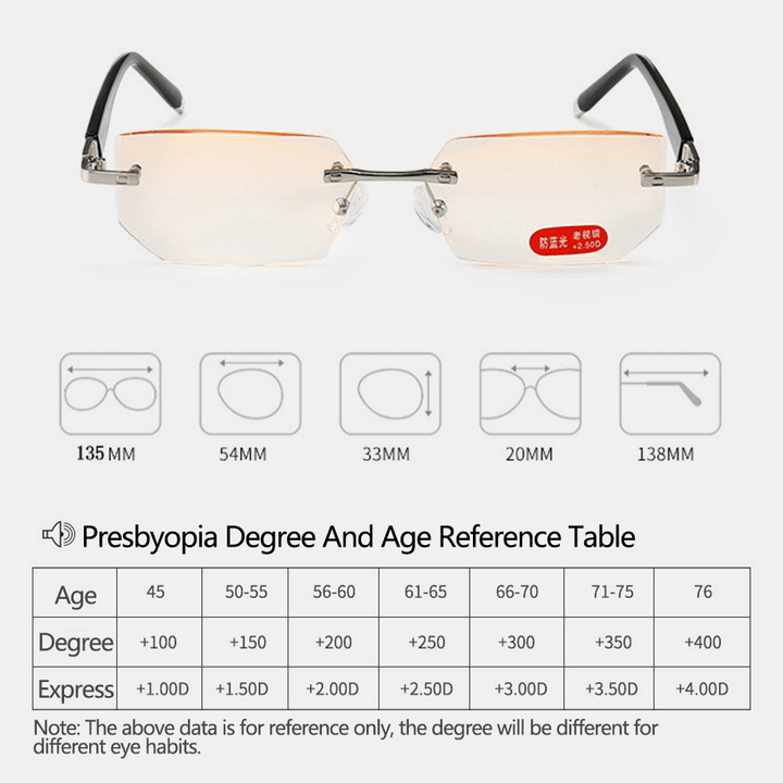 Unisex Anti-Blue Light Radiation Rimless Metal Presbyopia Glasses High-Definition Reading Glasses - MRSLM