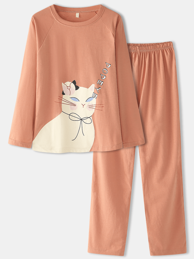 Women Cartoon Cat Solid Color Elastic Waist Loose Pants Home Pajamas Set - MRSLM