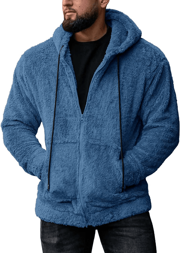 Men'S Solid Color Plush Cardigan Hooded Jacket - MRSLM