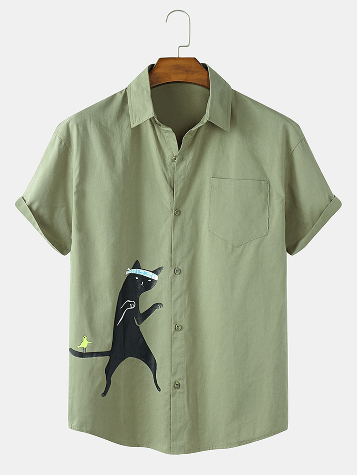 Cotton Mens Funny Cartoon Cat Print Short Sleeve Shirts - MRSLM