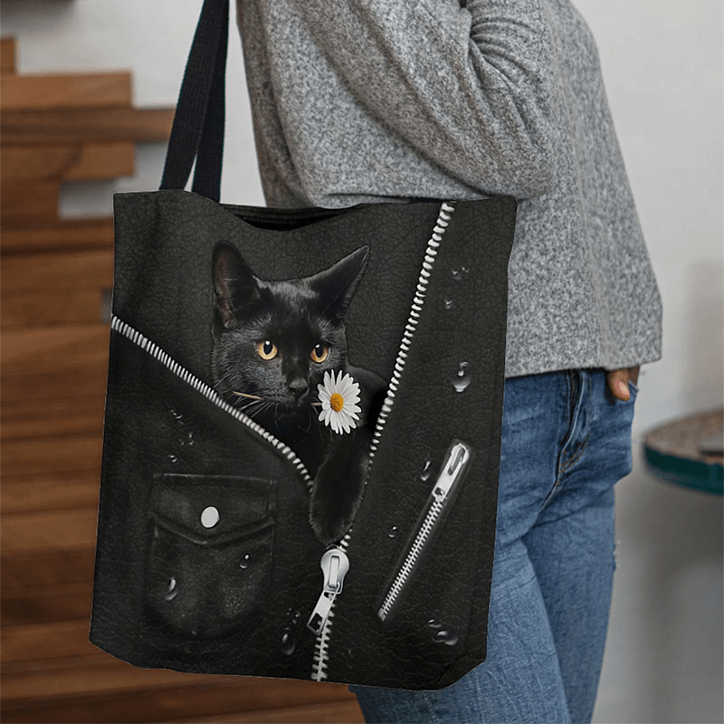Women Canvas Cute Three-Dimensional 3D Black Cat with Flower Pattern Shoulder Bag Handbag Tote - MRSLM