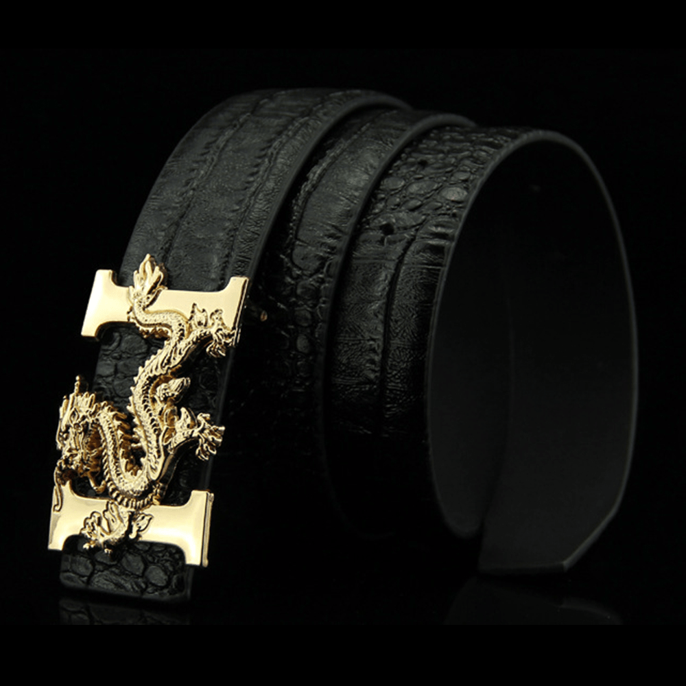 Men Faux Leather 135Cm Fashion Personality Alligator Pattern Gold Dragon Decor Belt - MRSLM
