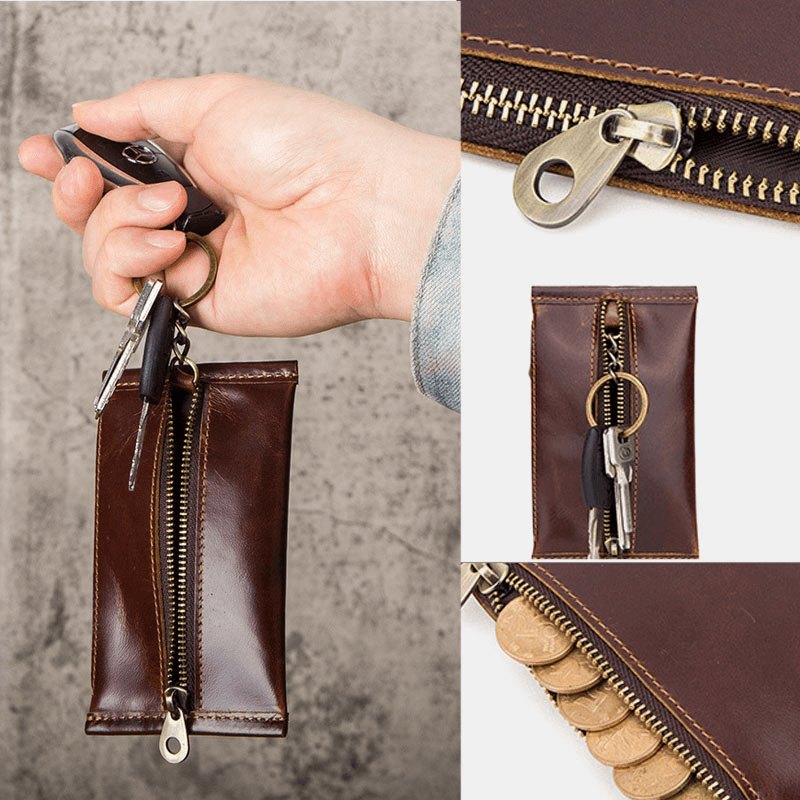 Men Slim Key Genuine Leather Zipper Coin Purse Wallet - MRSLM