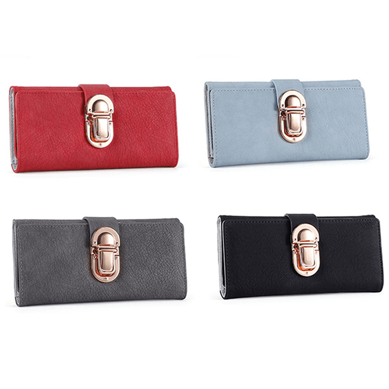 Women PU Leather Hardware Hasp Fold over Card Holder Purse Wallet - MRSLM