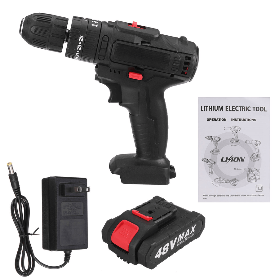 48V Cordless Electric Drill Screwdriver Rechargeable Impact Drill W/ 1/2Pcs Battery - MRSLM