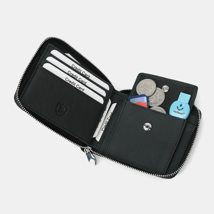 Men Genuine Leather RFID Blocking Anti-Theft Zipper Retro Cowhide Card Holder Wallet - MRSLM