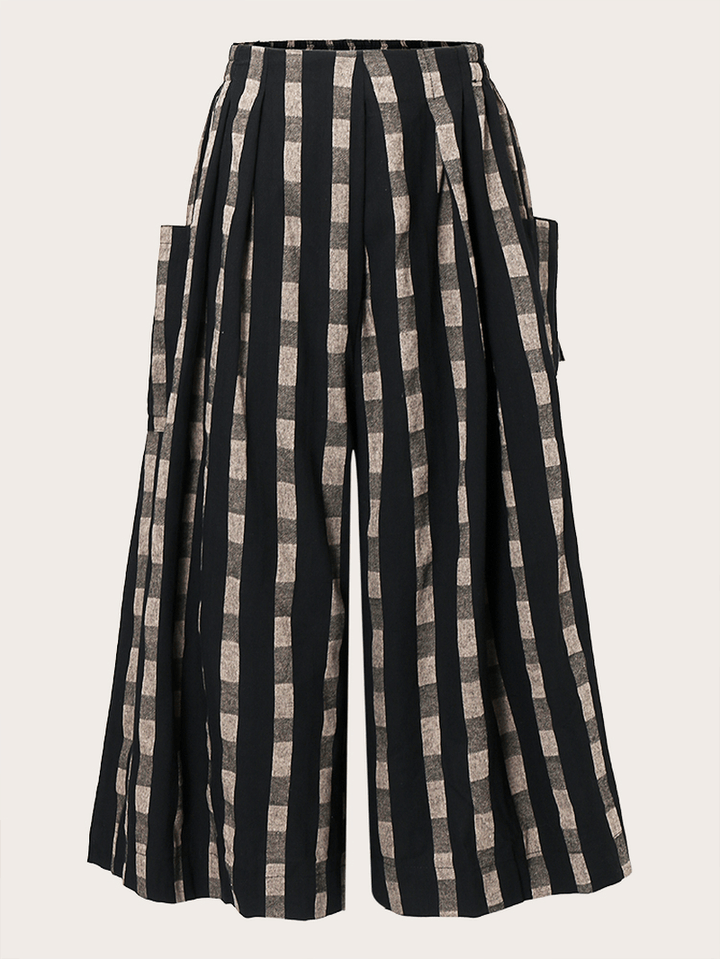 Women Plaid Striped Print plus Size Side Pocket Loose Pants - MRSLM