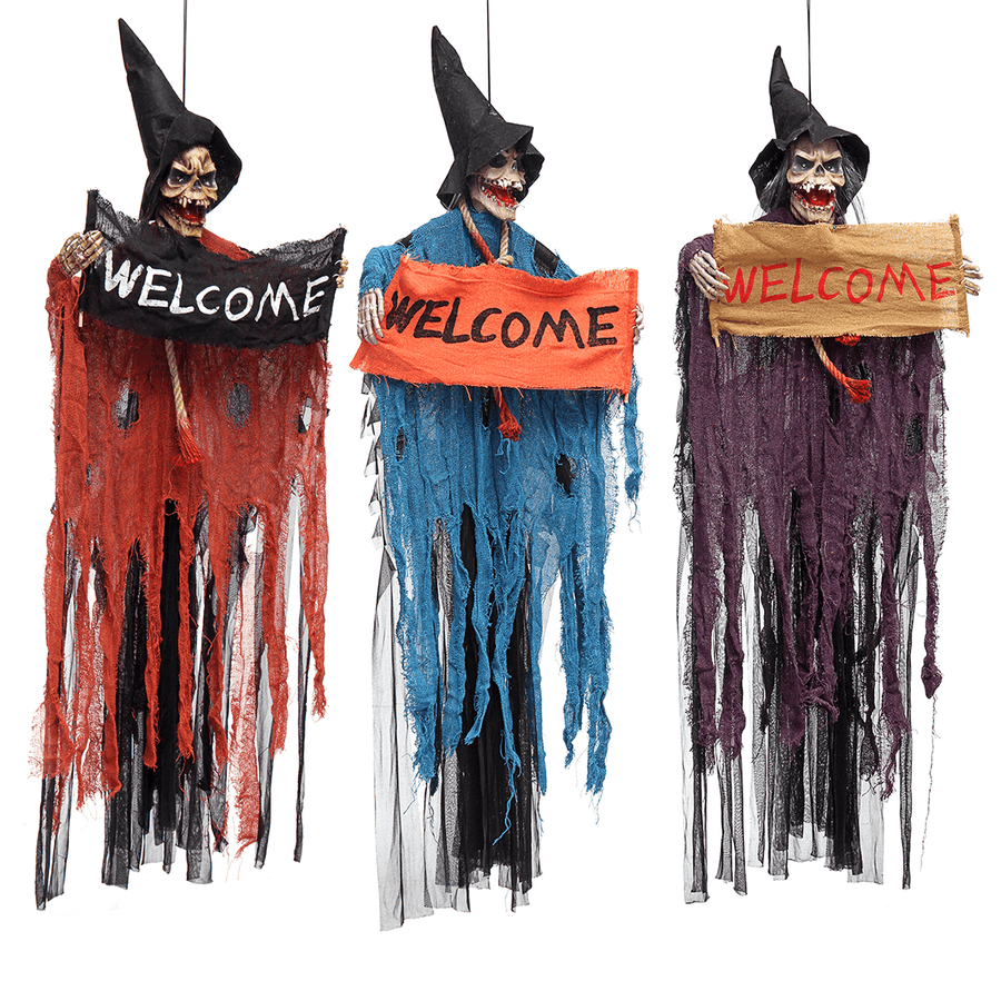 Halloween Tools Scary Welcome Sign Hanging Skeleton Voice Lights Eyes for Halloween Decorations - MRSLM