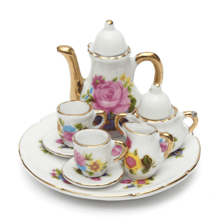8Pcs Porcelain Vintage Tea Sets Teapot Coffee Retro Floral Cups Doll House Decor Toy - MRSLM