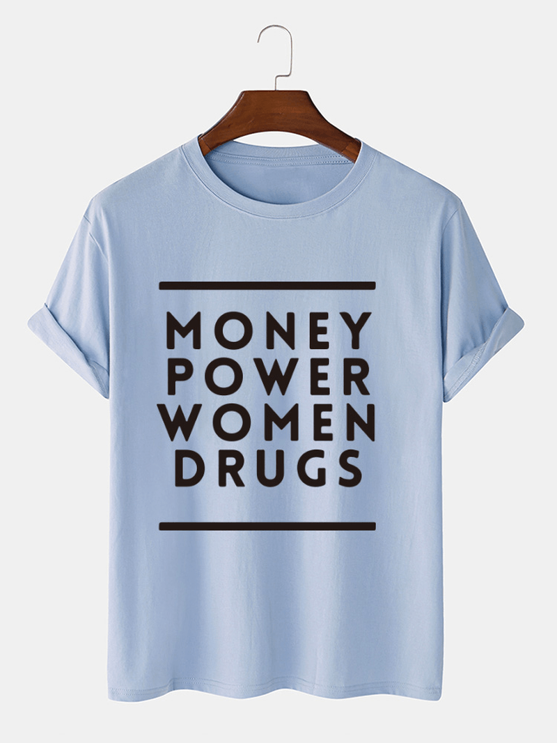 Mens Money Power Letter Print Cotton O-Neck Casual Loose Short Sleeve T-Shirt - MRSLM