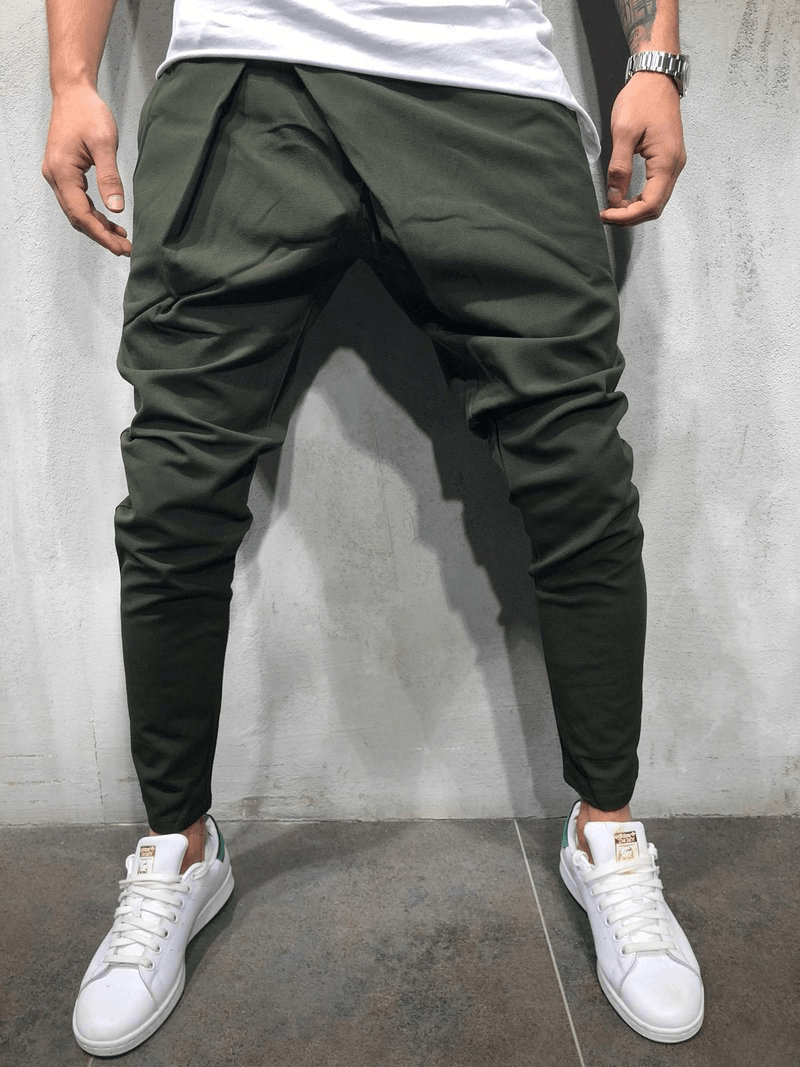 Men's Casual Pants with Drawstring Waist and Asymmetrical Hem - MRSLM