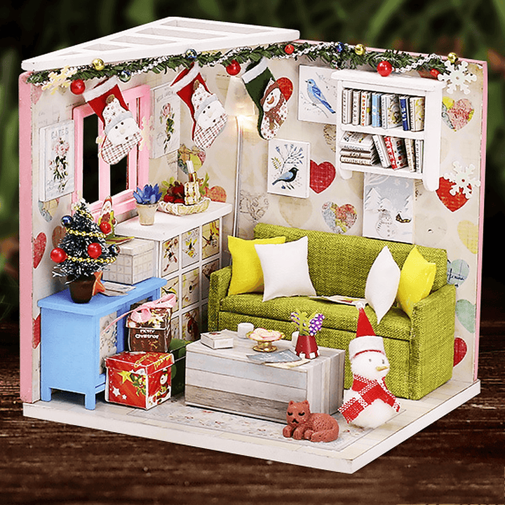 Wooden Living Room DIY Handmade Assemble Doll House Miniature Furniture Kit Education Toy with LED Light for Collection Birthday Gift - MRSLM