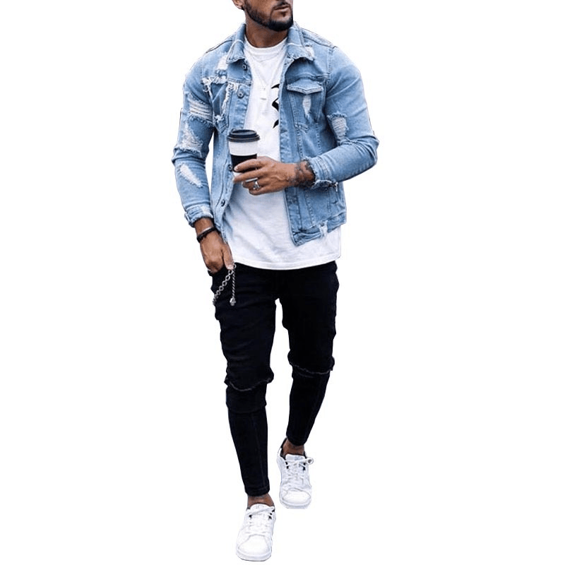 Lapel Men'S Denim Jacket Ripped Irregular Washed Jacket - MRSLM