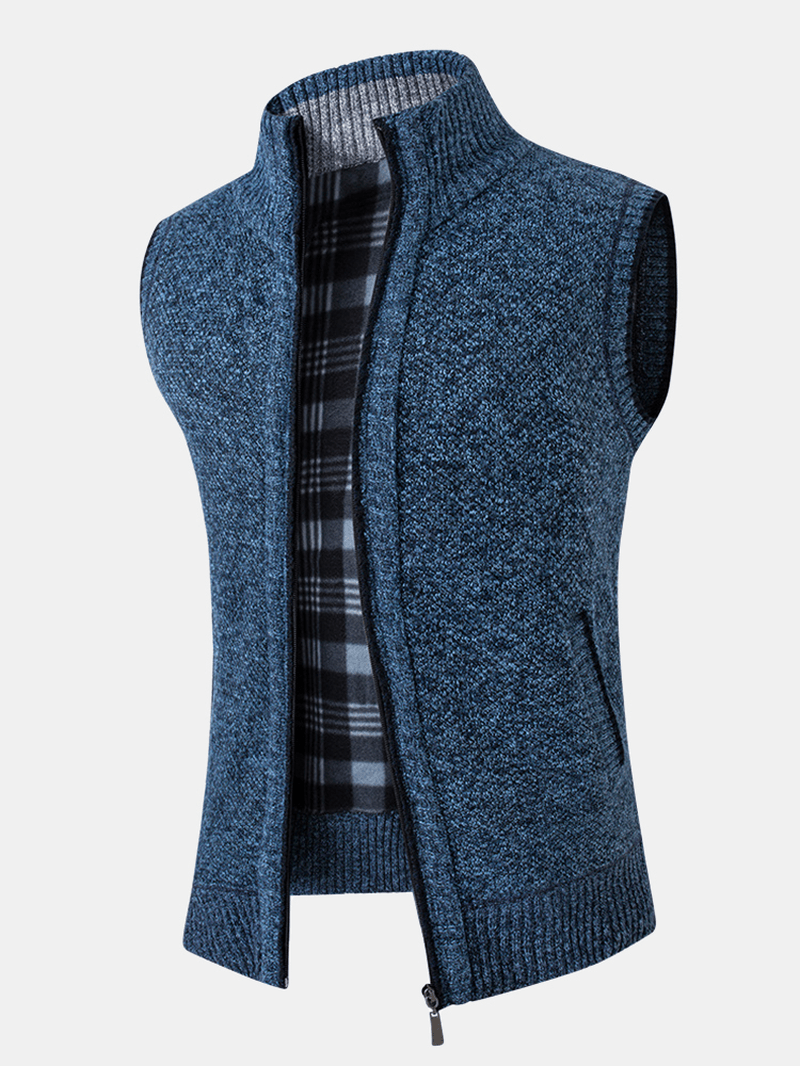 Mens Knitting Solid Color Warm Lined Zipper Side Pocket Sleeveless Vests - MRSLM