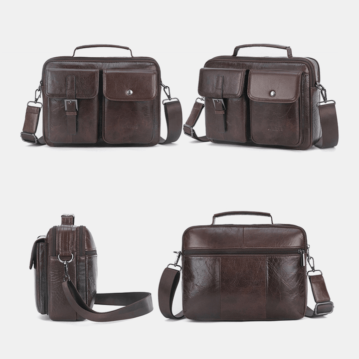 Men Genuine Leather Multi-Function Retro Large Capacity Handbag Shoulder Bag Cross Body Bag - MRSLM
