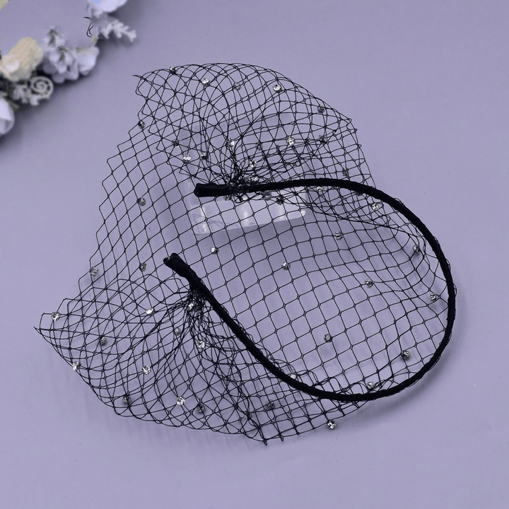 Rhinestone Veil and Mesh Headband, Black and White Bridal Headwear - MRSLM