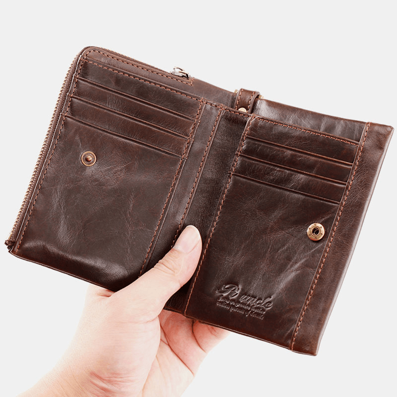 Men Genuine Leather RFID Anti-Theft Zipper Ultra-Thin Multi-Slot Foldable Card Holder Wallet - MRSLM