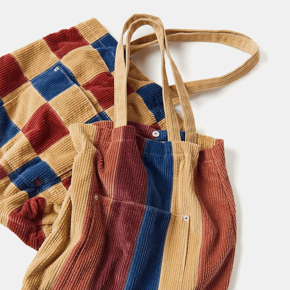 Women Corduroy Colored Striped Front Pocket Tote Large Capacity Vintage Shoulder Bag Handbag - MRSLM