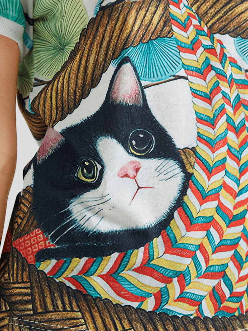 Cartoon Cat Girl Print O-Neck Short Sleeve Casual T-Shirt for Women - MRSLM