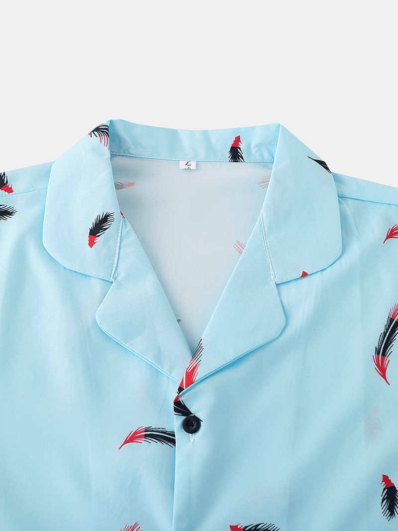 Men Revere Collar Feather Print Short Sleeve Shorts Two Piece Pajama Set Loose Sleepwear - MRSLM