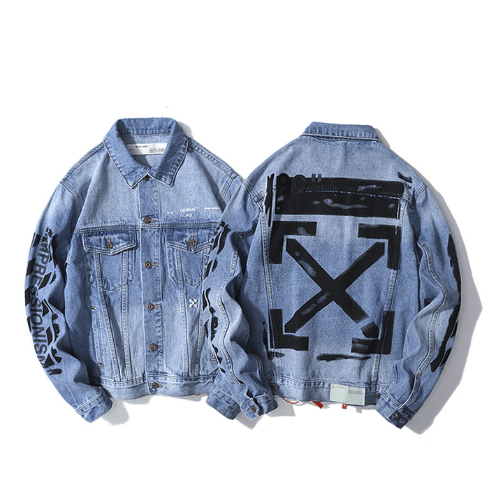 New Men'S Casual Basic Arrow Letter Graffiti Denim Jacket - MRSLM