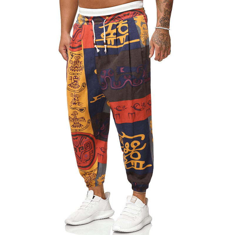 Casual Harem Pants Men'S Ethnic Style Cotton and Linen Loose Cropped Trousers - MRSLM