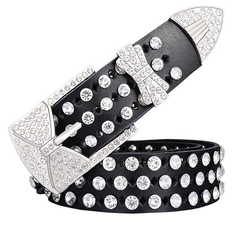 Women'S Leather Hollow Leather Belt with Rhinestones and Butterfly Pin Buckle - MRSLM