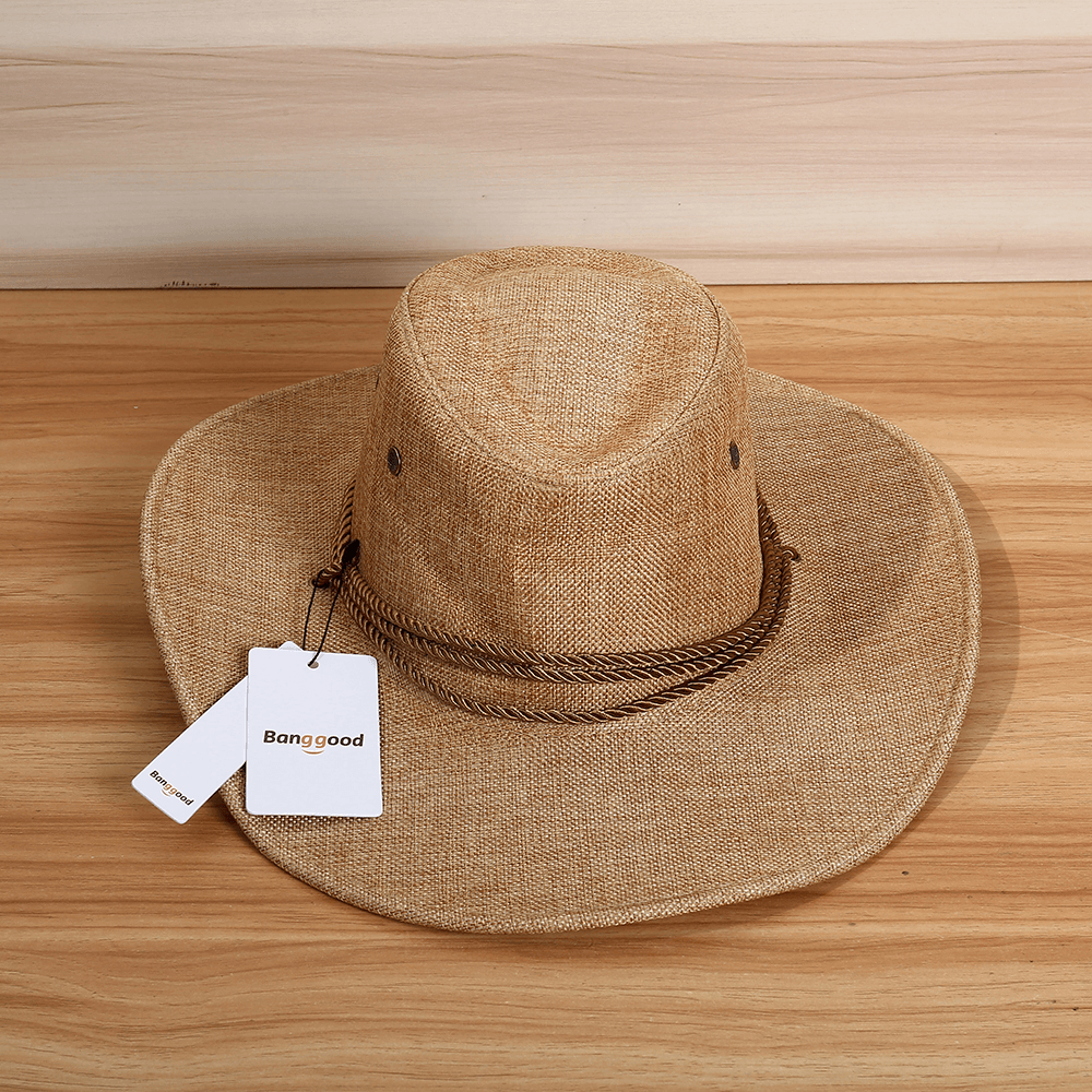 Bang Good Men Western Cowboy Hat Outdoor Wide Brim Linen Hat - MRSLM