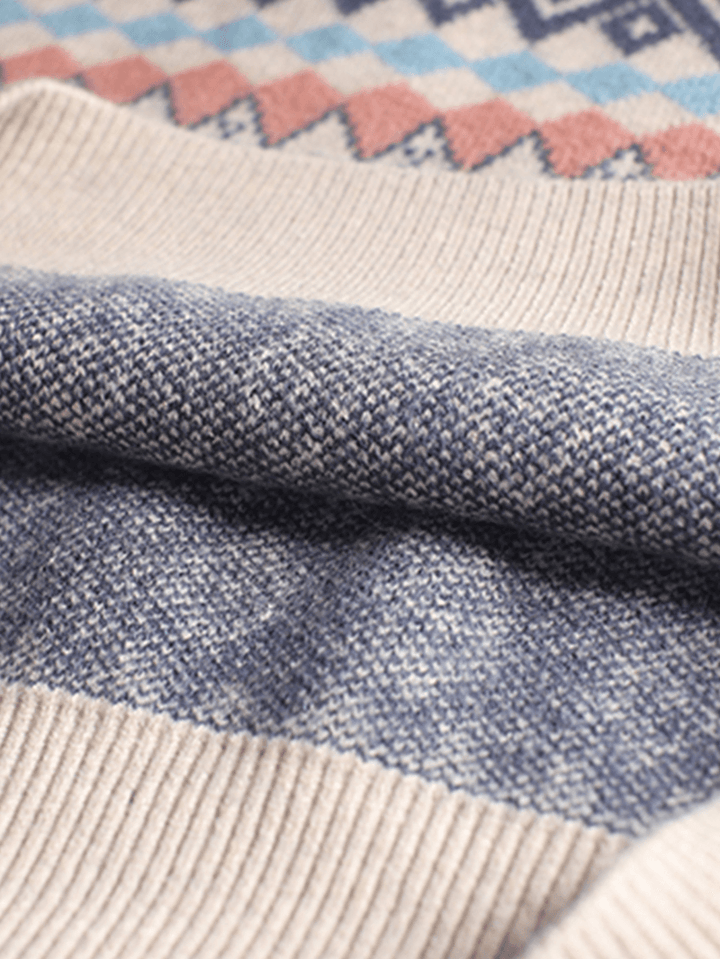 Women Vintage Argyle round Neck Jacquard Knit Drop Shoulder Loose Sweaters - MRSLM