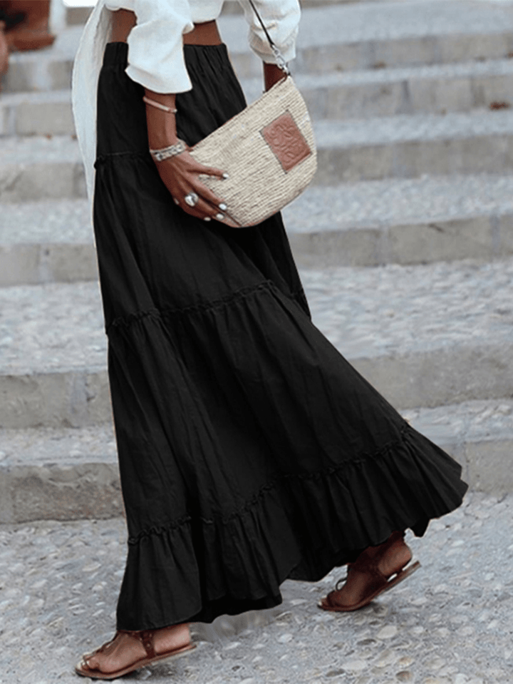 Women Cotton Pleated Frill Solid Holiday Elastic Wais Maxi Skirts - MRSLM