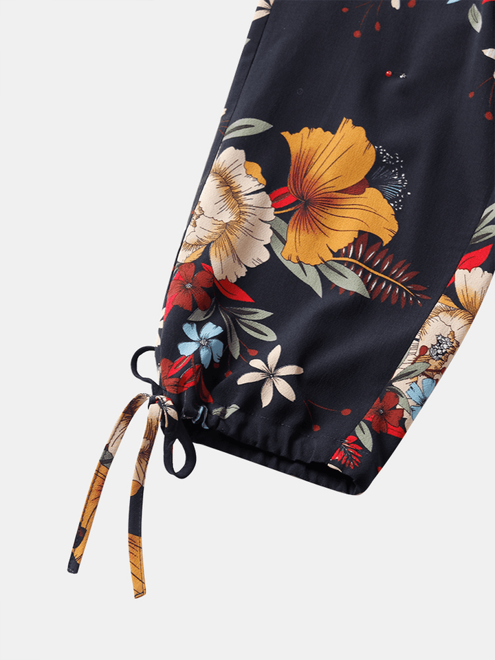 Women Floral Print Bohemian Tie Cuff Pants with Pocket - MRSLM